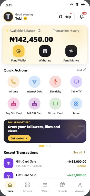 SnappyPay app home dashboard with wallet balance and Sell Gift Card action