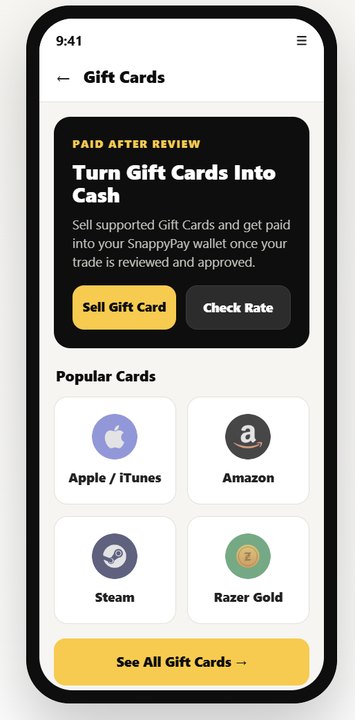 SnappyPay Sell Gift Card screen showing supported gift cards