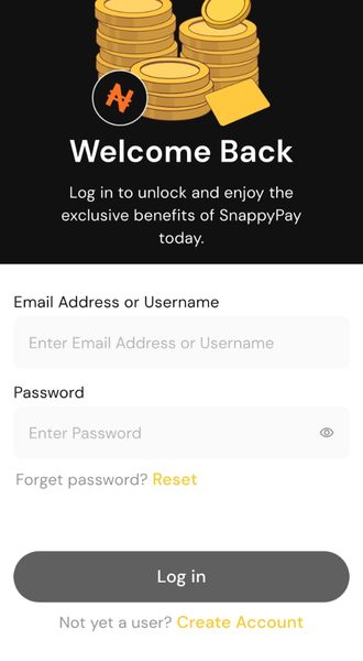 SnappyPay login screen to create an account or log in