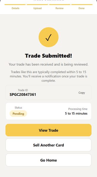 SnappyPay trade submitted screen showing review status
